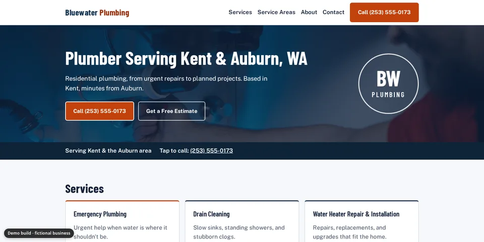 Demo site for Bluewater Plumbing Co., a fictional plumbing business