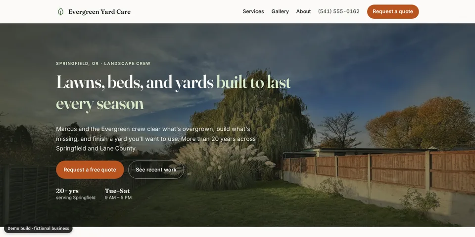 Demo site for Evergreen Yard Care, a fictional landscaping business