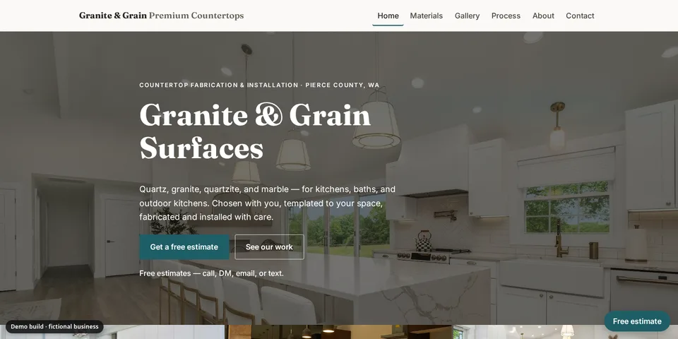 Demo site for Granite & Grain Surfaces, a fictional countertops business