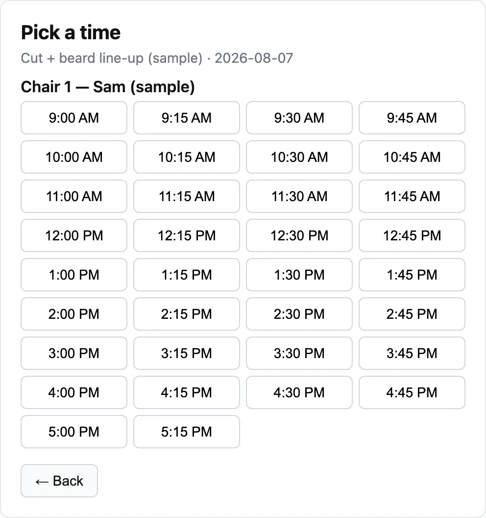 Mato CRM public booking widget showing available time slots for a sample barbershop service